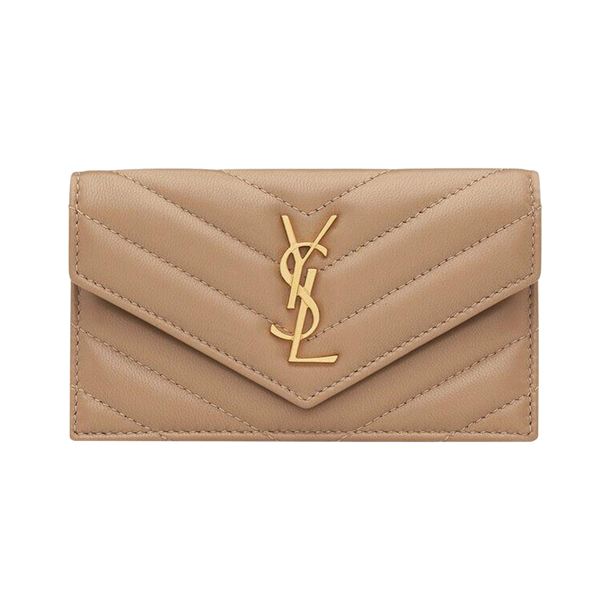 Pre-owned Saint Laurent Cassandre Fragments Flap Card Case In Lambskin 'natural Tan' | Women's Size Onesize In Brown