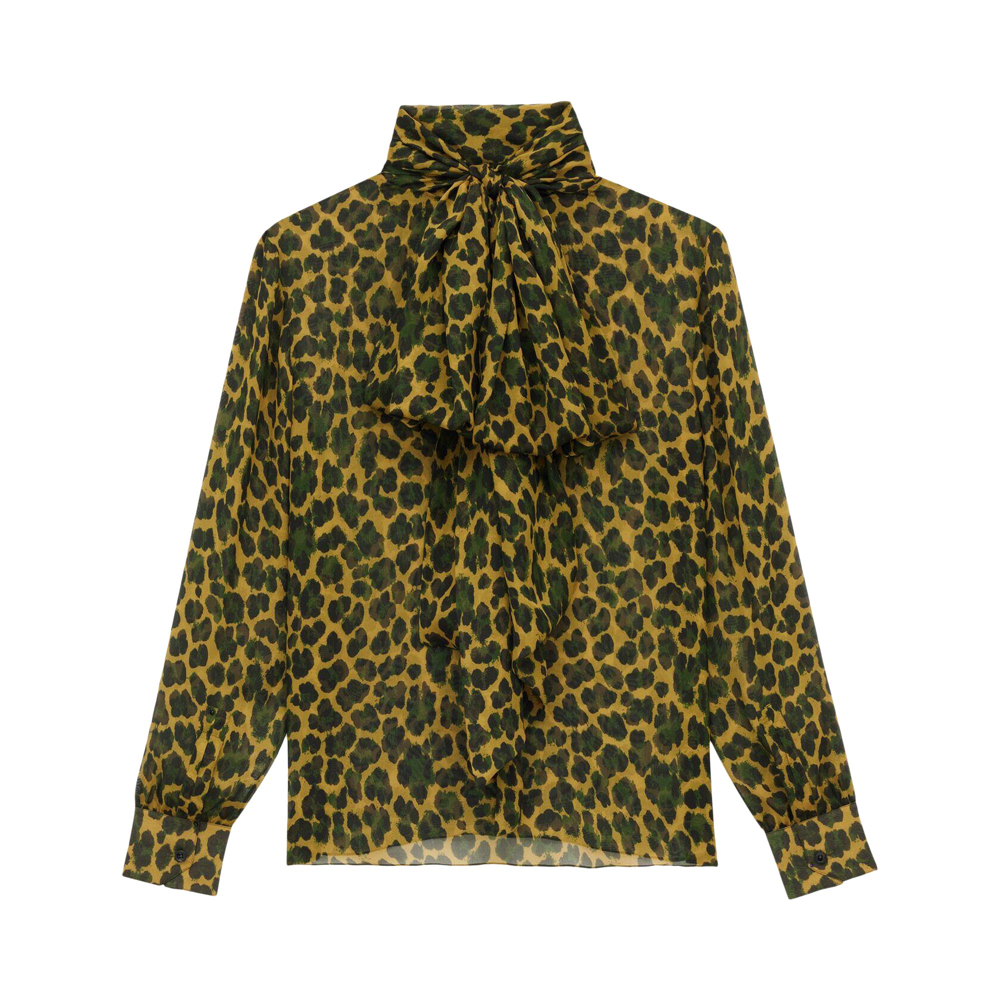 Pre-owned Saint Laurent Lavallière Blouse In Leopard Silk Muslin 'ocre/vert' | Orange | Women's Size 36