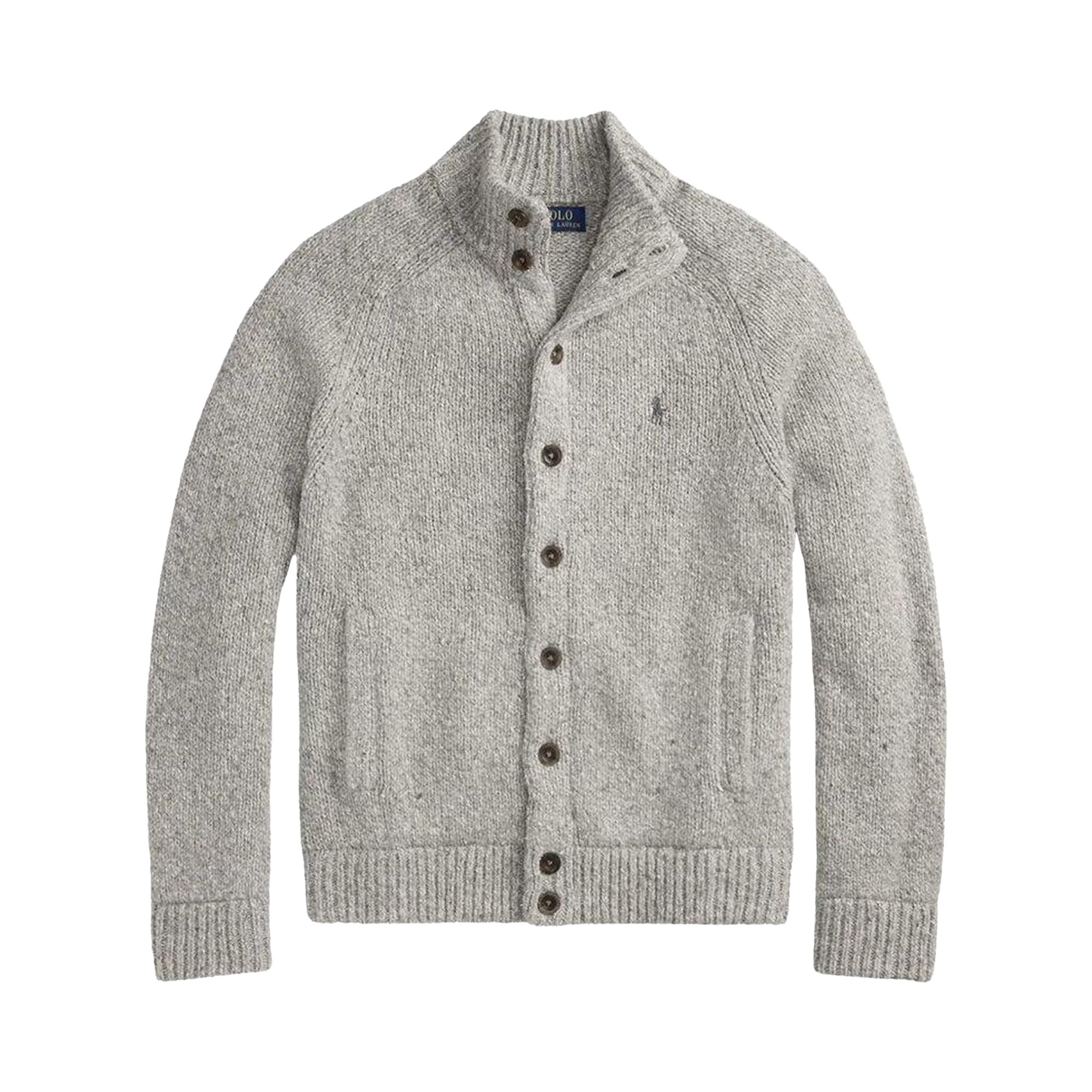 Pre-owned Polo Ralph Lauren Long Sleeve Wool Blend Saddle Button Mockneck Cardigan Sweater 'cardigans' | Grey In Gray