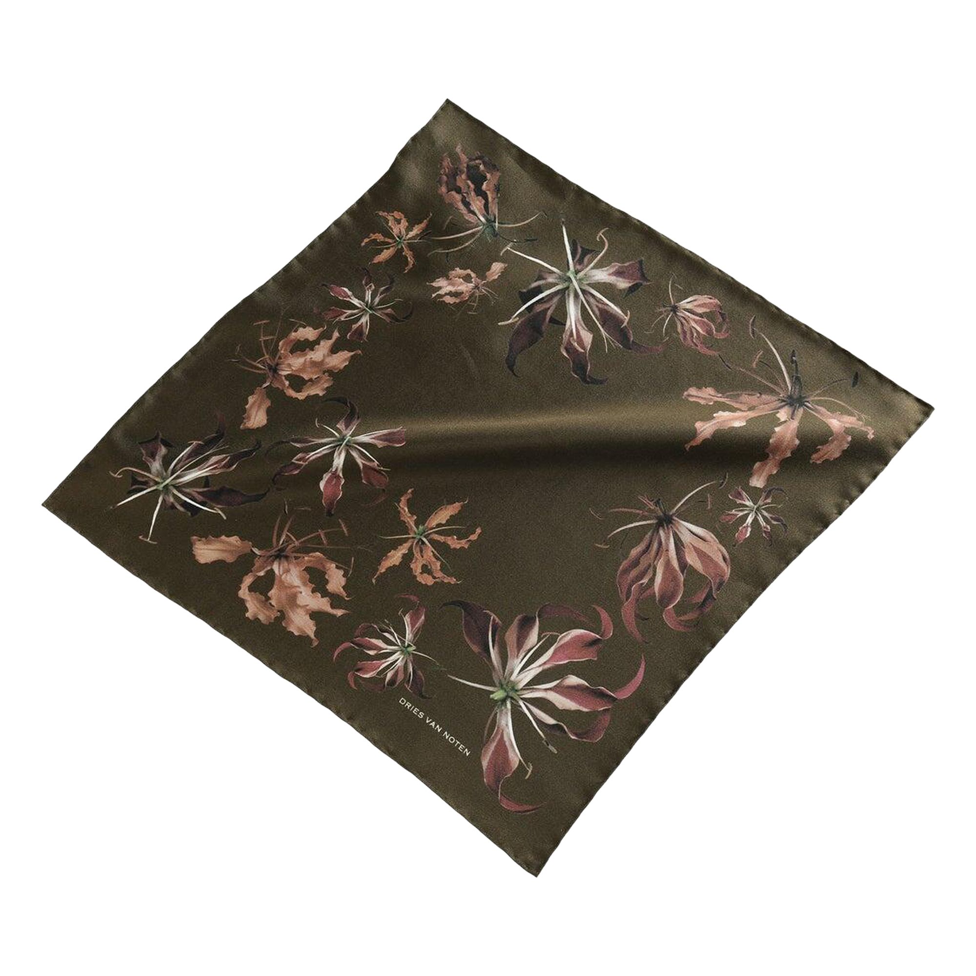 Pre-owned Dries Van Noten Printed Silk Scarf 'khaki' | Green | Men's Size Onesize