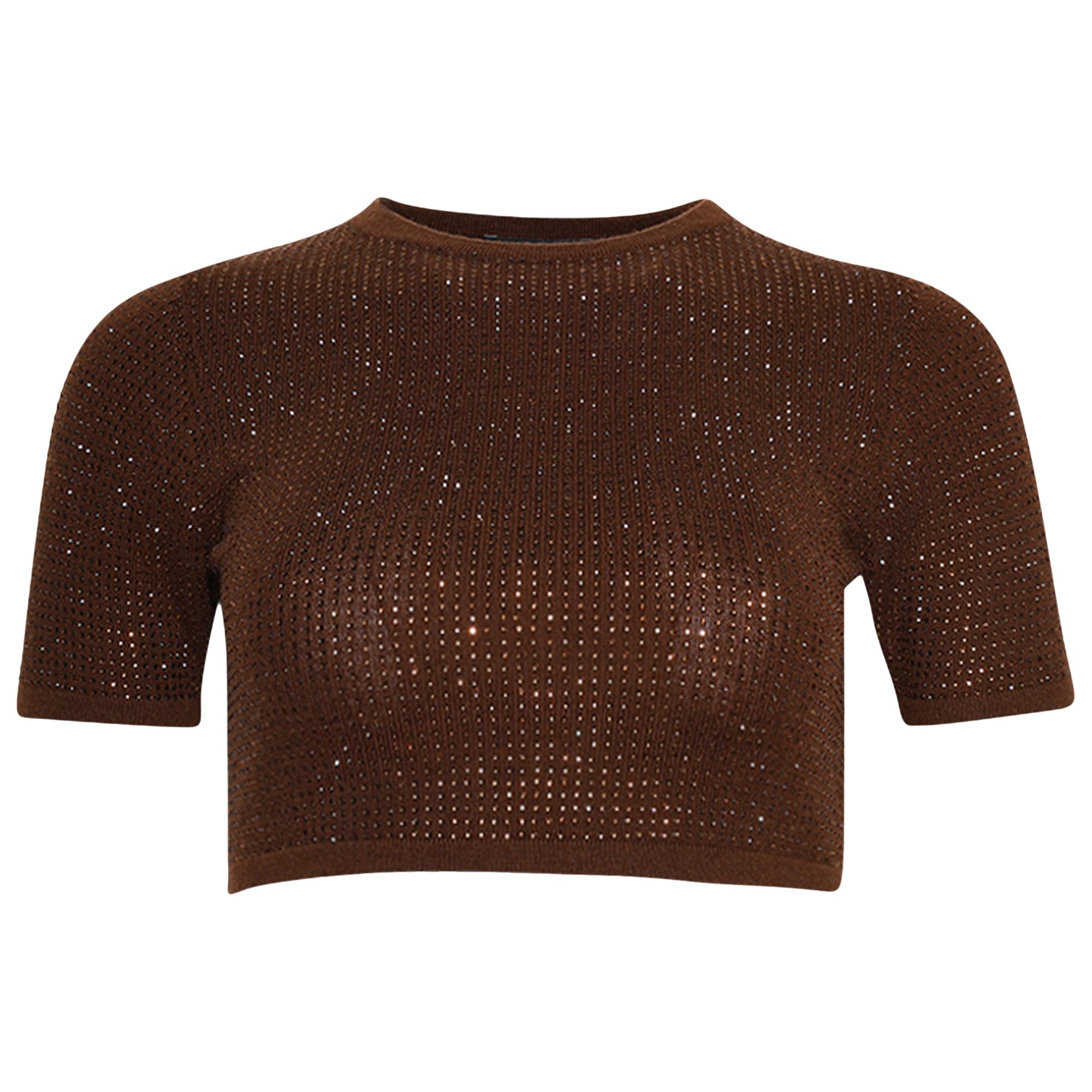 Pre-owned David Koma Rhinestone Embr Cashmere Blend Wool Crop Top 'brown' | Women's Size Xs