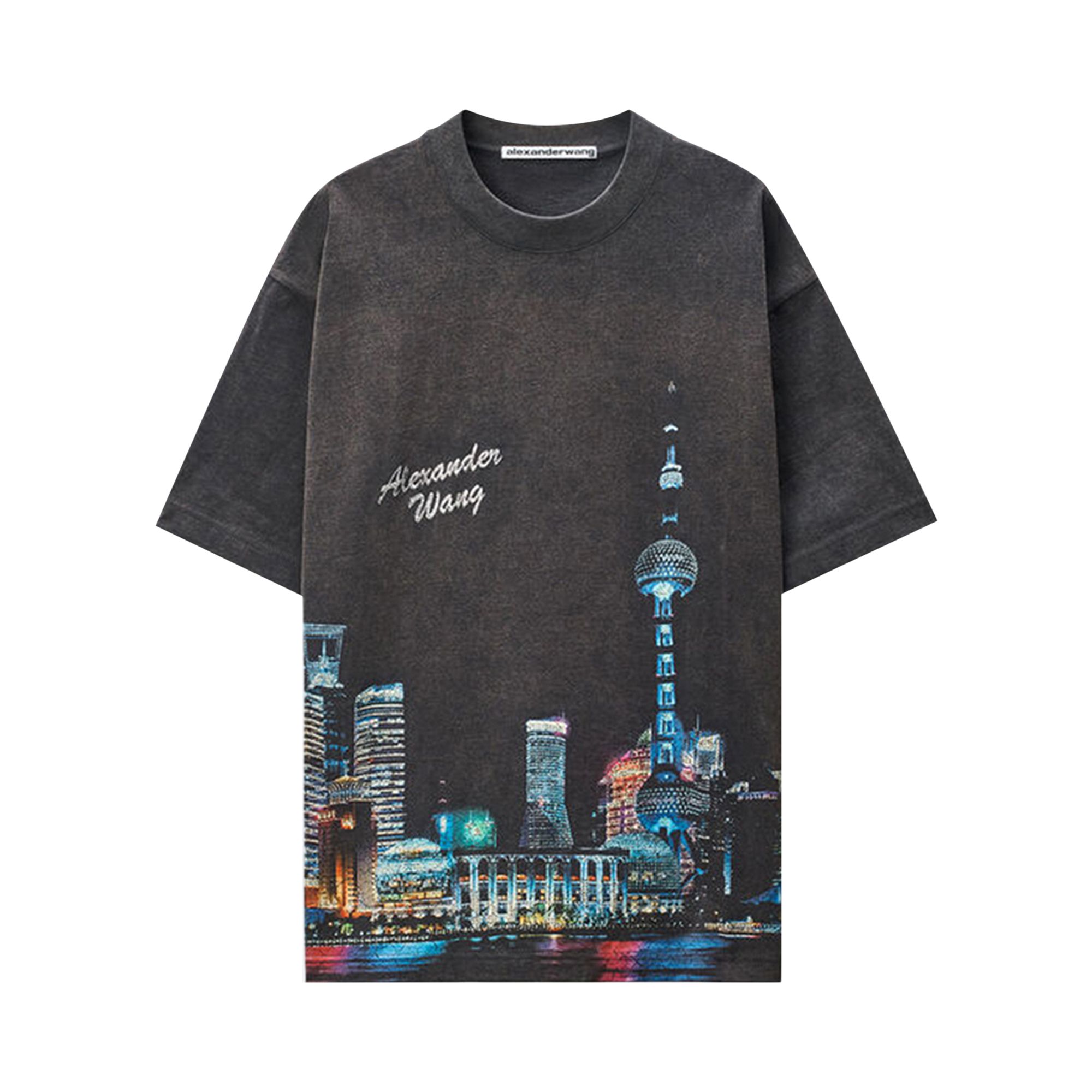 Pre-owned Alexander Wang Short-sleeve T-shirt W/ Allover Hotfix Graphic 'washed Black' | Men's Size S