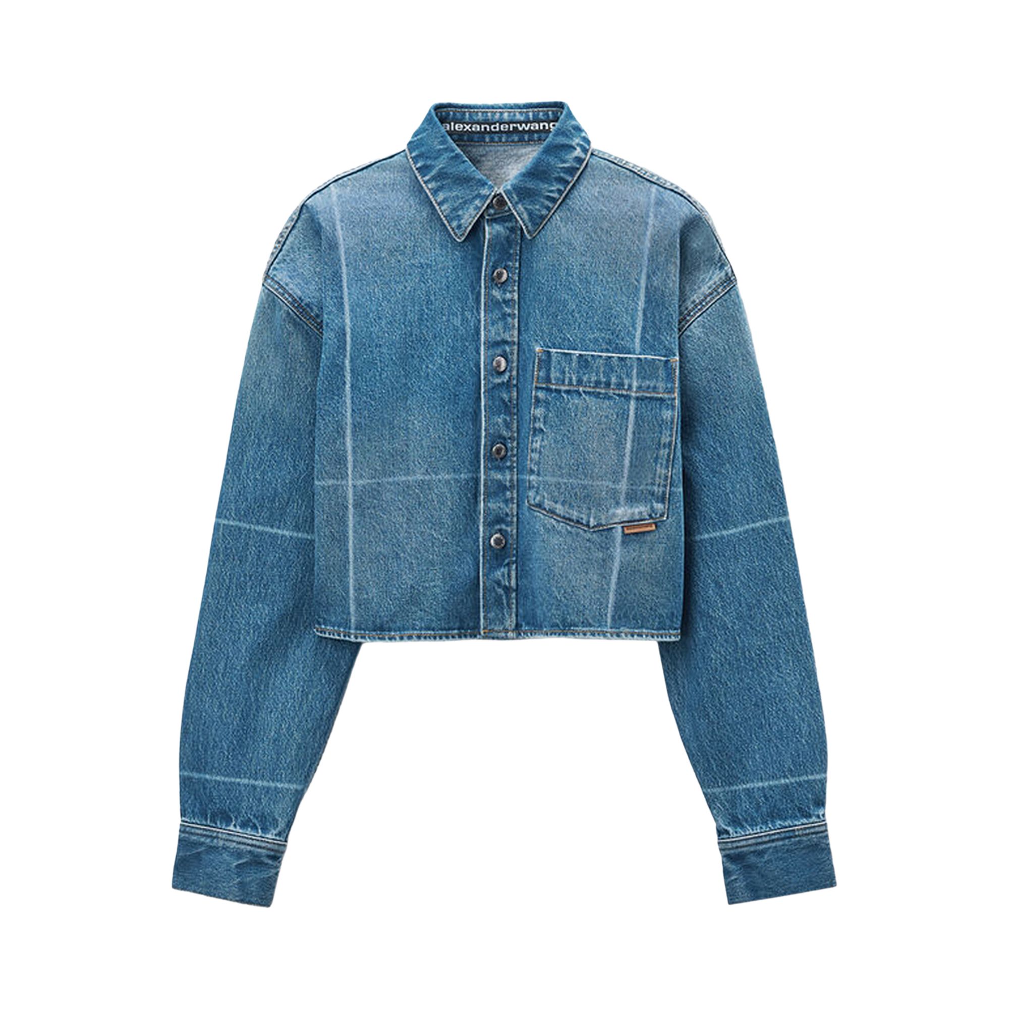 Pre-owned Alexander Wang Cropped Button Down Shirt W/ Faded Fold Lines 'vintage Marbled Blue' | Women's Size S