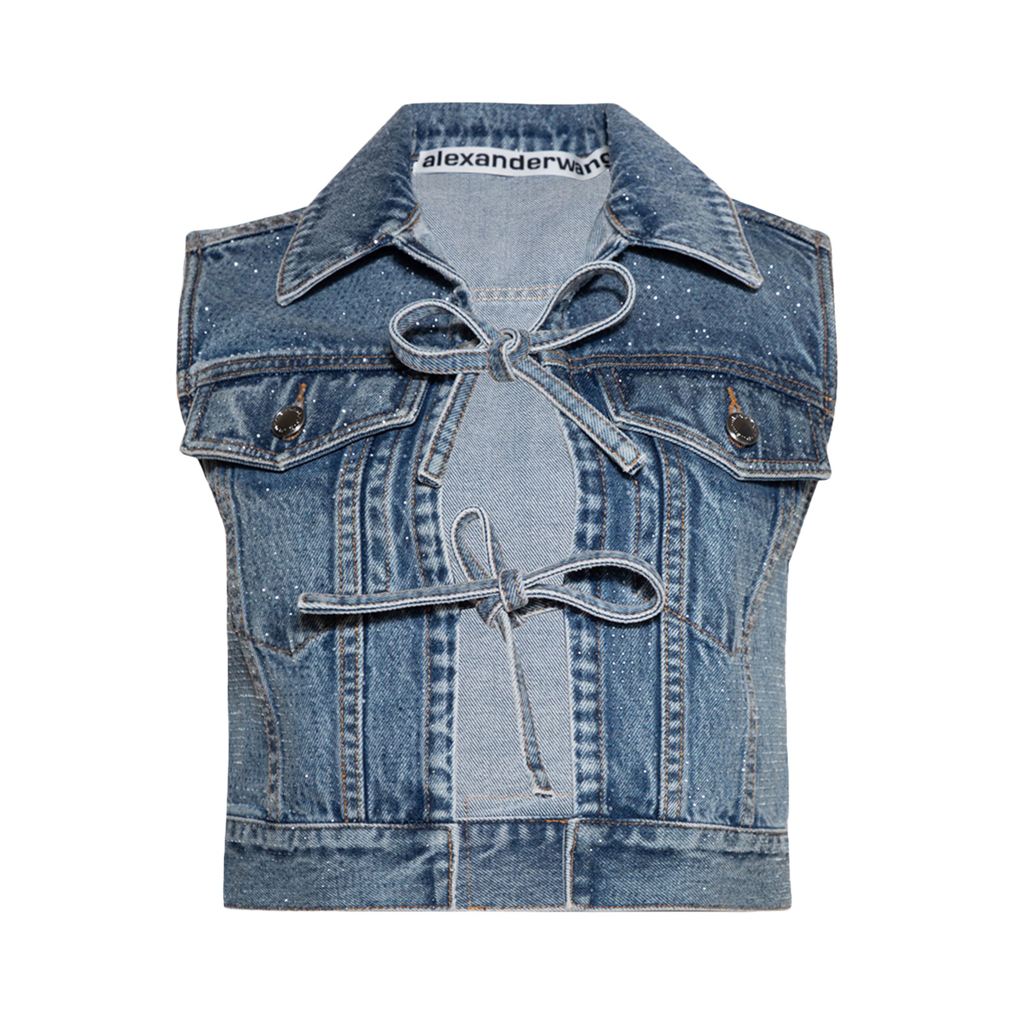 Pre-owned Alexander Wang Tied Front Vest Top W/ All Over Clear Bead 'vintage Light Indigo' | Blue | Women's Si