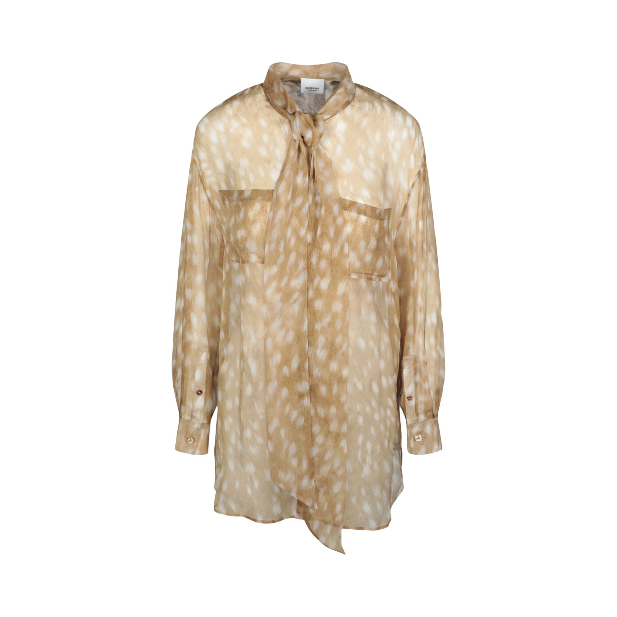 Pre-owned Burberry Tied Deer Printed Silk Blouse 'tan' | Women's Size 10 In Brown