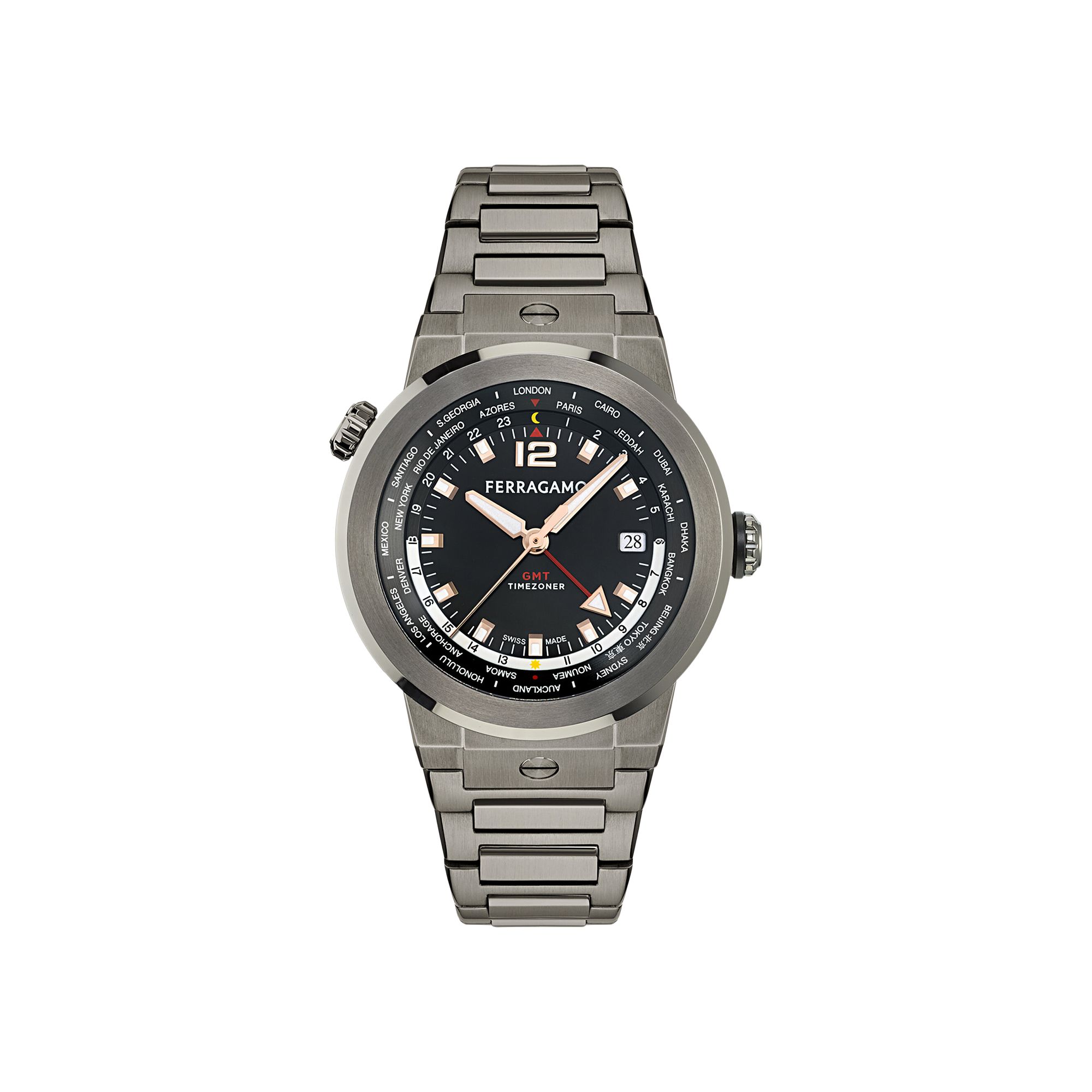 Pre-owned Ferragamo F-80 Gmt Worldtime Bracelet Watch 'gun' | Black | Men's Size Onesize