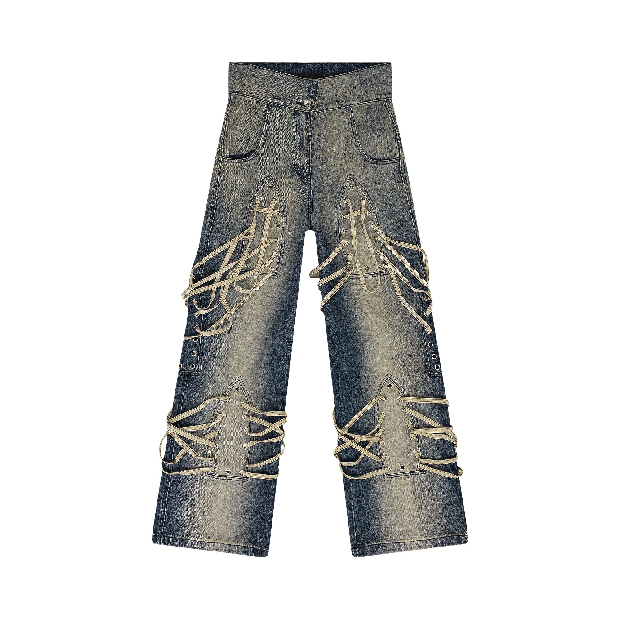 Pre-owned Who Decides War Laced Stained Wide Leg Jeans 'indigo' | Blue | Women's Size 38