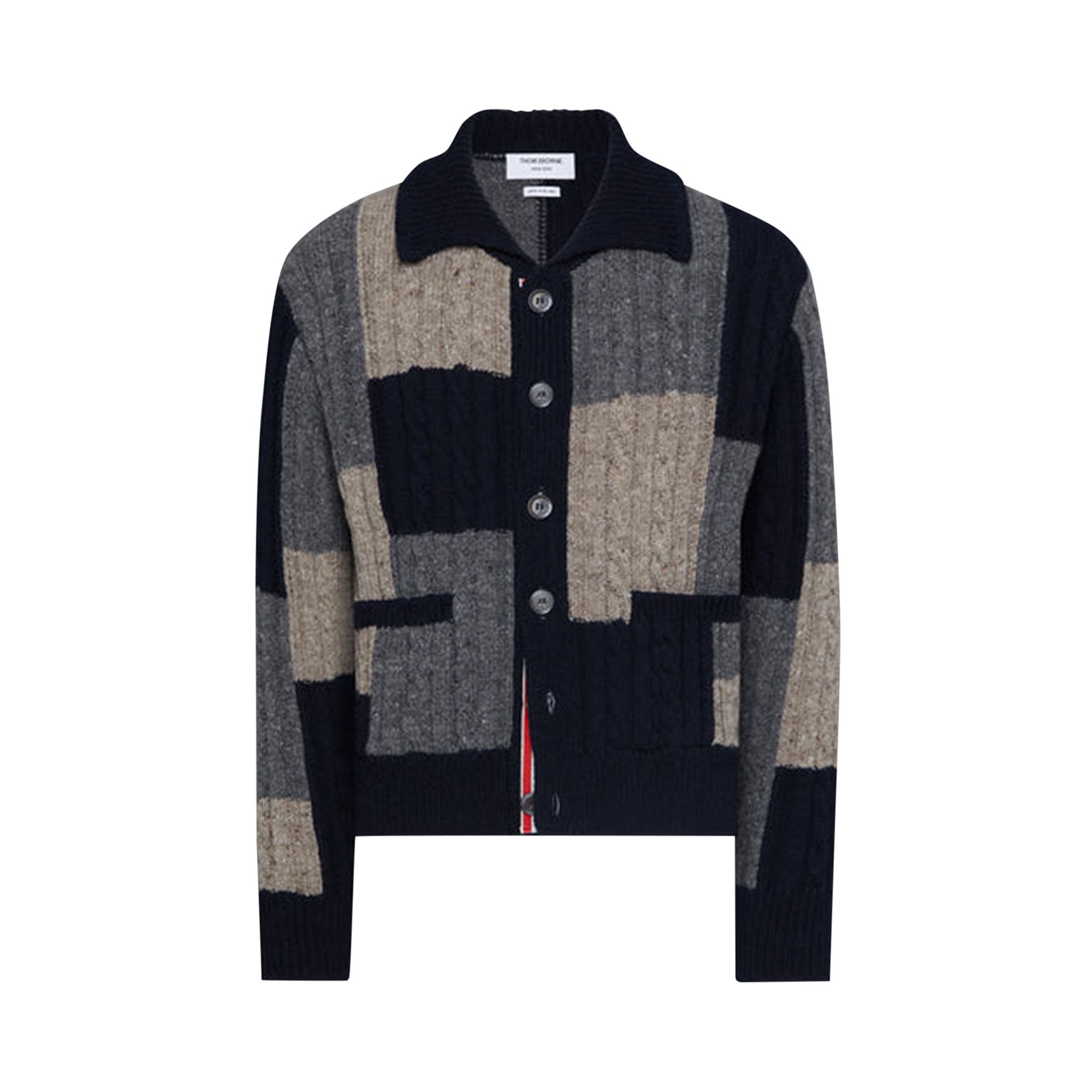 Pre-owned Thom Browne Patchwork Baby Cable Intarsia Mock Neck Cardigan 'navy/grey/brown' | Multi-color | Men's