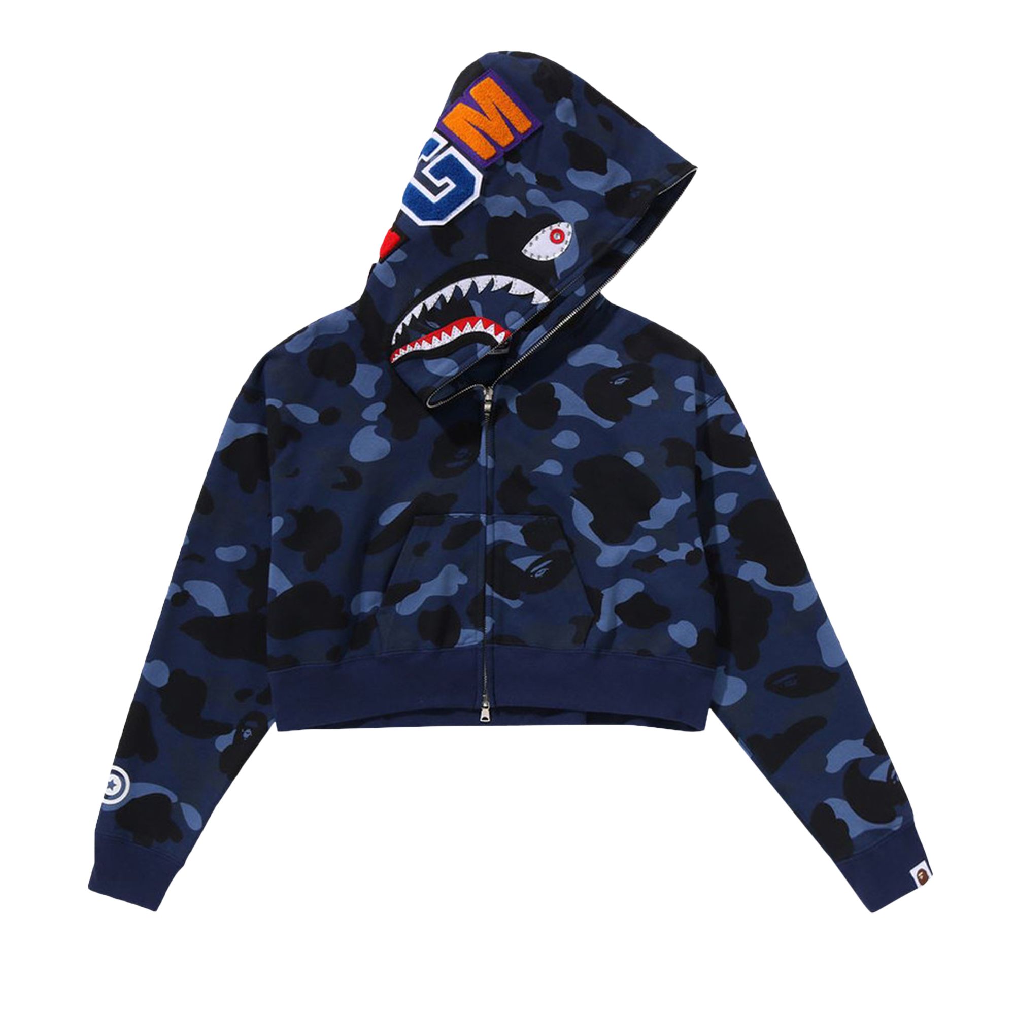 Pre-owned Bape Color Camo Crystal Stone Shark Cropped Full Zip Hoodie 'navy' | Blue | Women's Size M