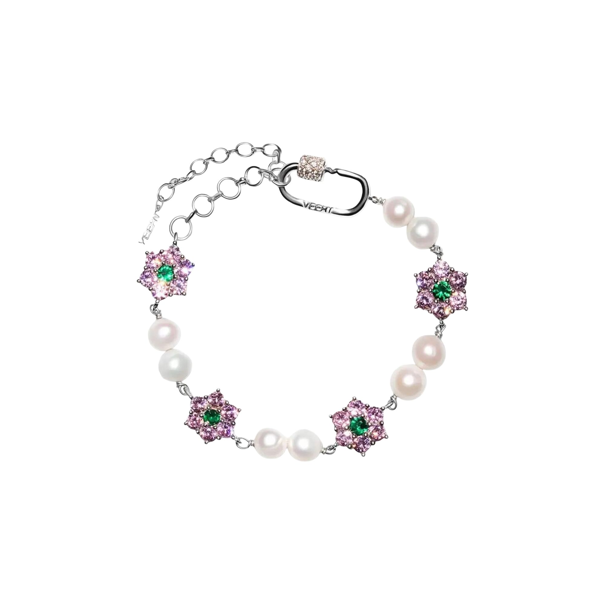 Pre-owned Veert Macro Pink & Green Flower Stone Freshwater Pearl Bracelet 'white Gold' | Men's Size Onesize