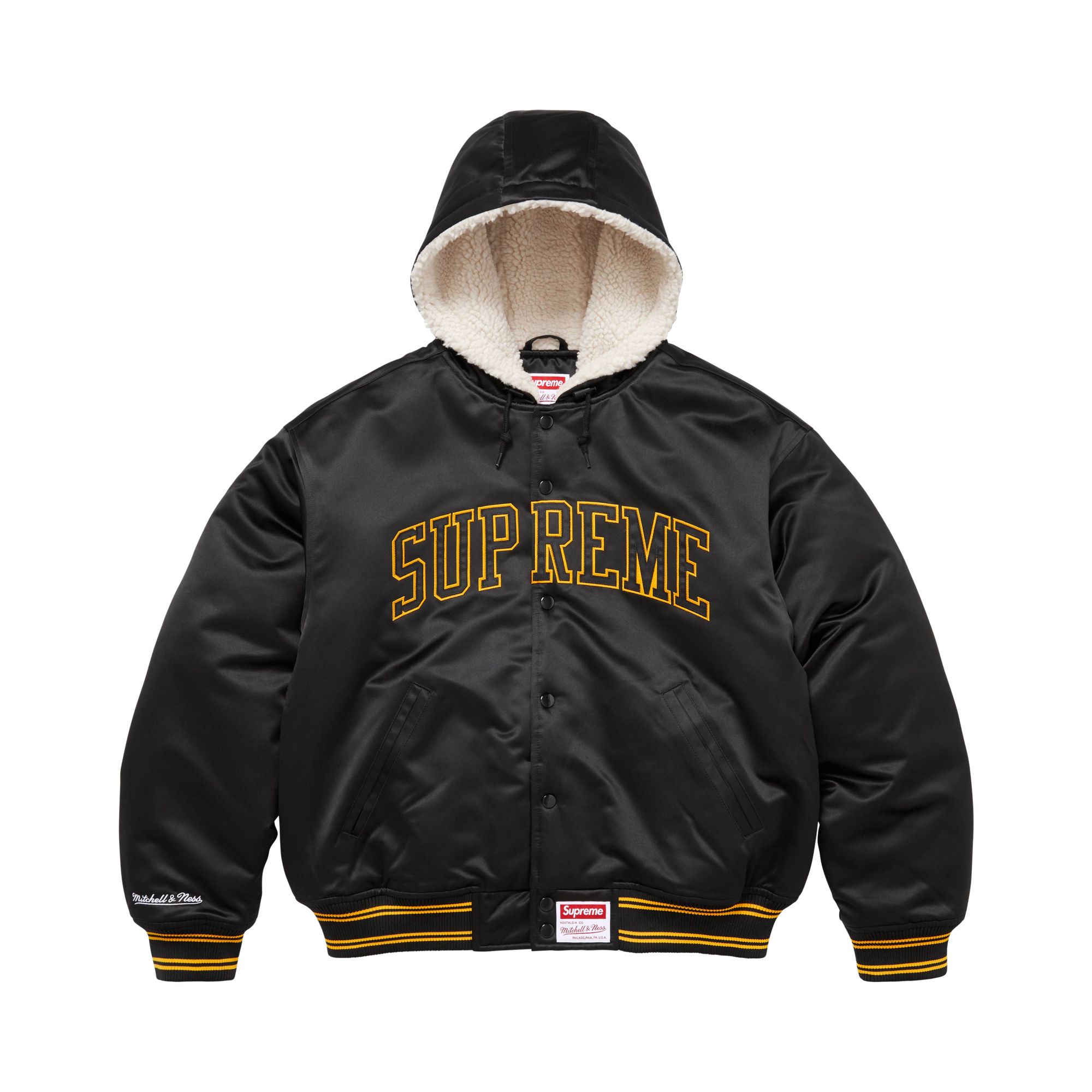 Pre-owned Supreme X Mitchell & Ness Lined Hooded Satin Varsity Jacket 'black' | Men's Size M