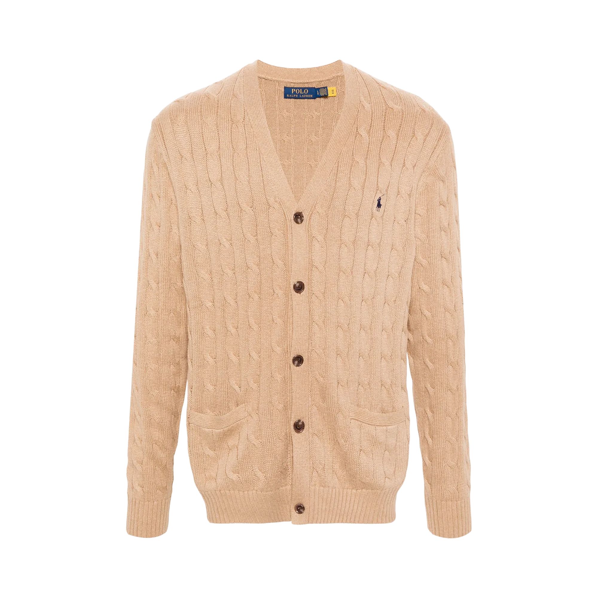 Pre-owned Polo Ralph Lauren Long-sleeve Cotton Cable V Neck Cardigan 'camel Melange' | Tan | Men's Size L In Brown