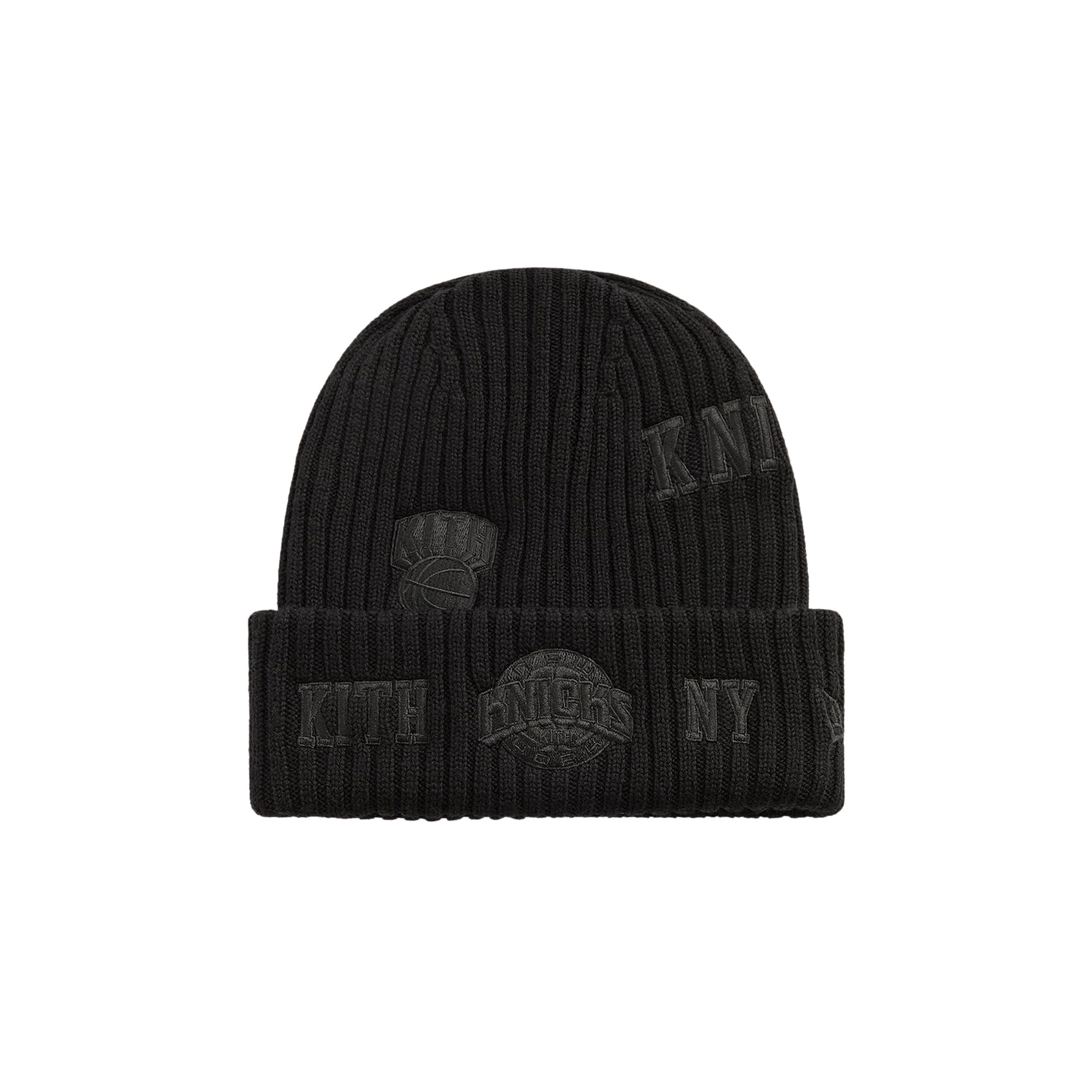 Pre-owned Kith X New Era For The New York Knicks All Over Patches Knit Beanie 'black' | Men's Size Onesize