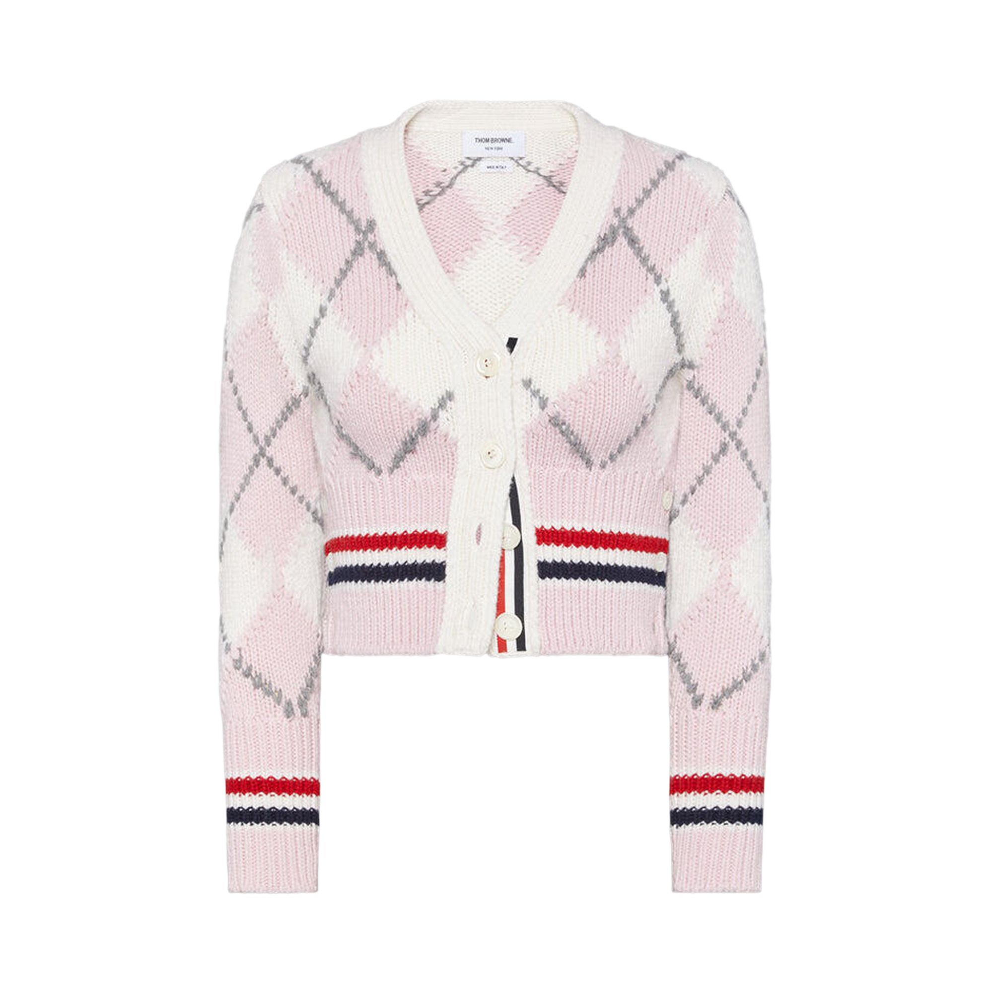 Click to view more detailed imagery on our partner's website Pre-owned Thom Browne Argyle Intarsia Merino Wool Shrunken Cardigan 'light Pink' | Women's Size 40