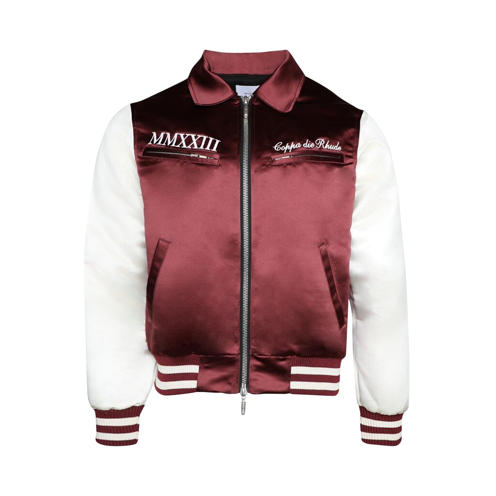 Pre-owned Rhude Satin Front Zip Varsity Jacket 'maroon/cream' | Red | Men's Size M