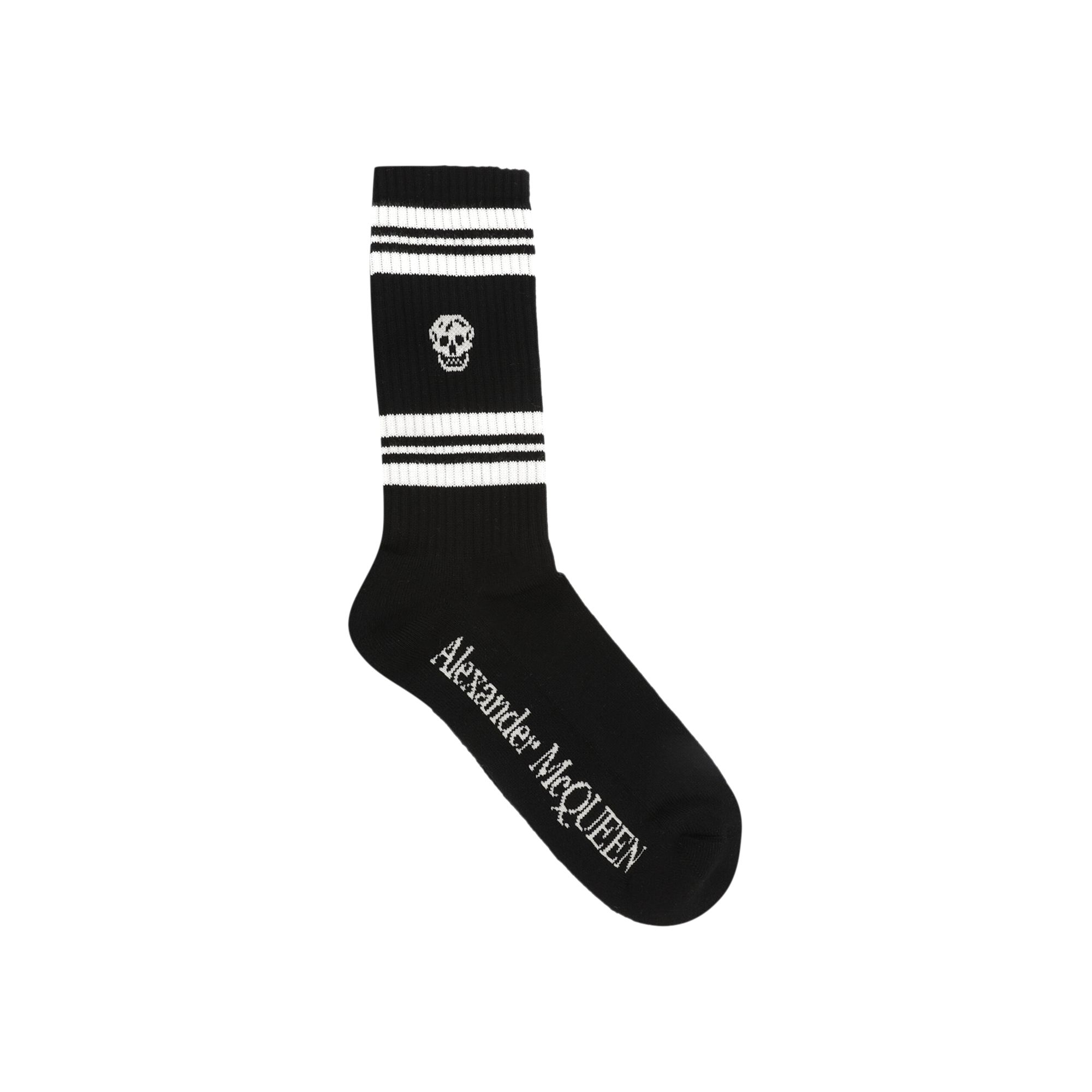 Pre-owned Alexander Mcqueen Striped Skull Logo Socks 'black Ivory' | Men's Size M