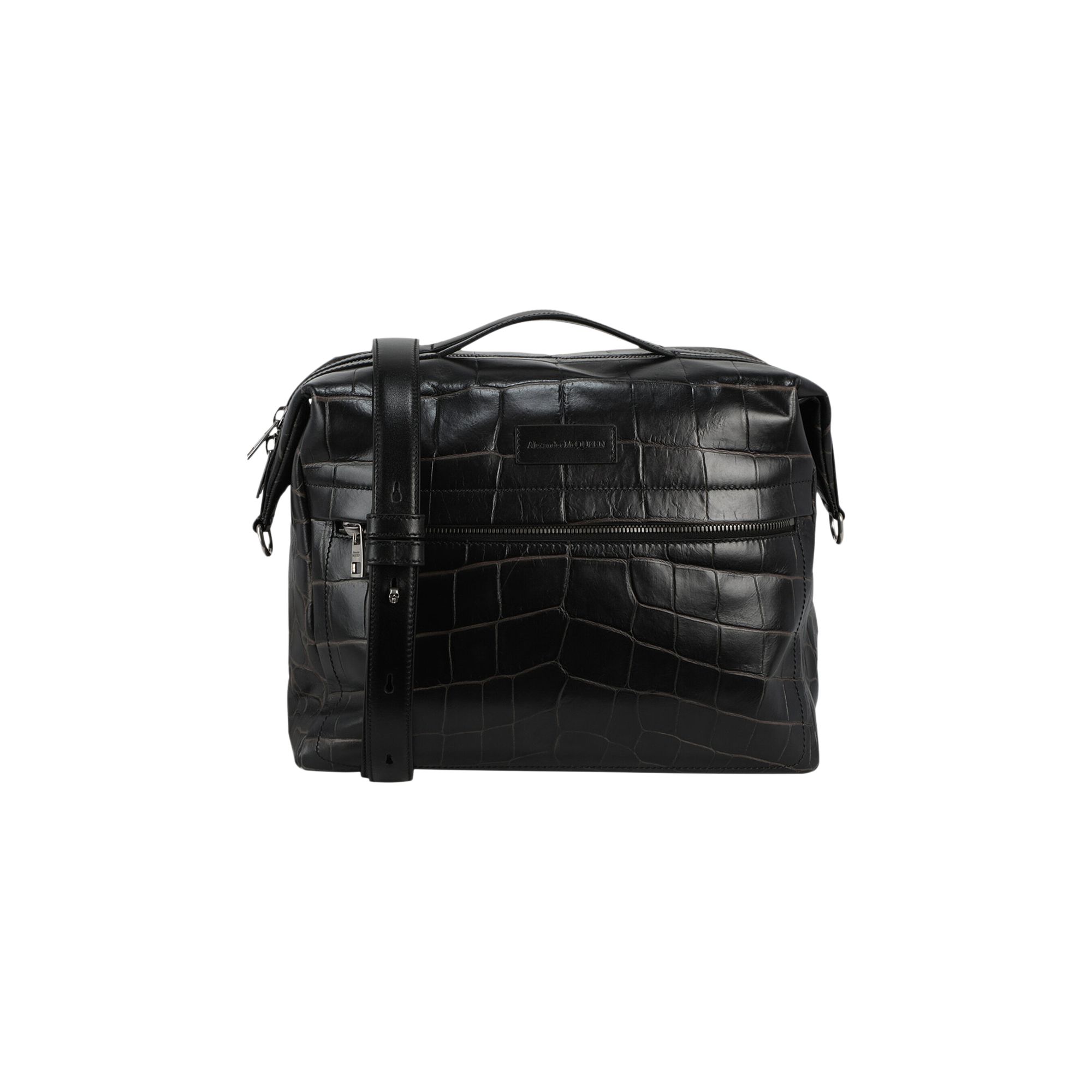 Pre-owned Alexander Mcqueen Croc Embossed Leather Messenger Bag 'black' | Men's Size Onesize