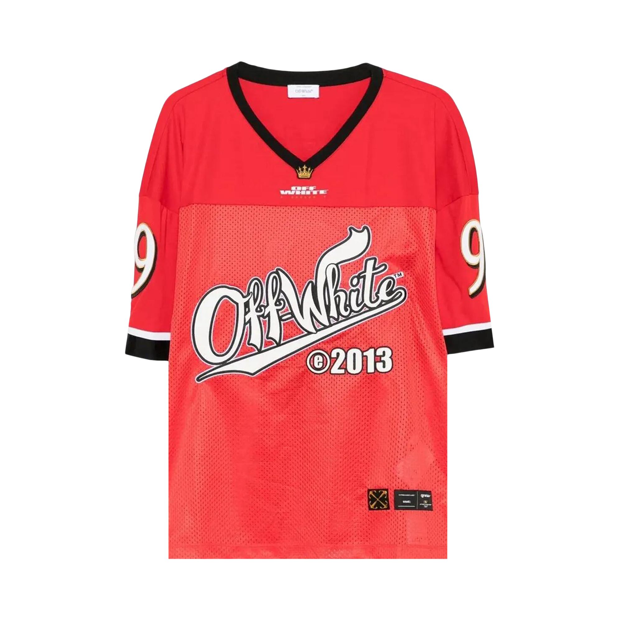 Click to view more detailed imagery on our partner's website Pre-owned Off-white Type Logo Mesh Football Short-sleeve T-shirt 'red/white' | Men's Size M