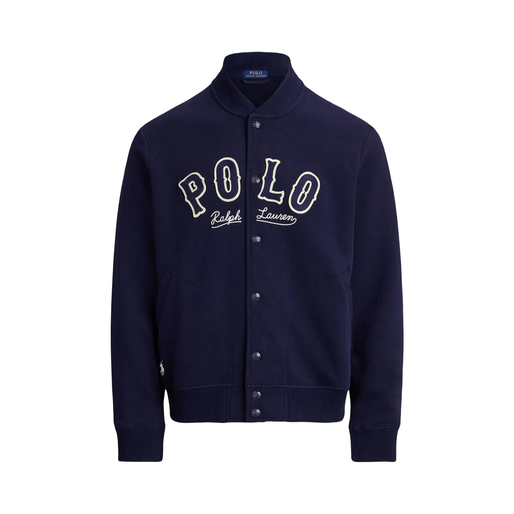 Pre-owned Polo Ralph Lauren Long Sleeve Rl Fleece Graphic Polo Chain Stitched Basketball Jacket 'cruise Navy' In Blue