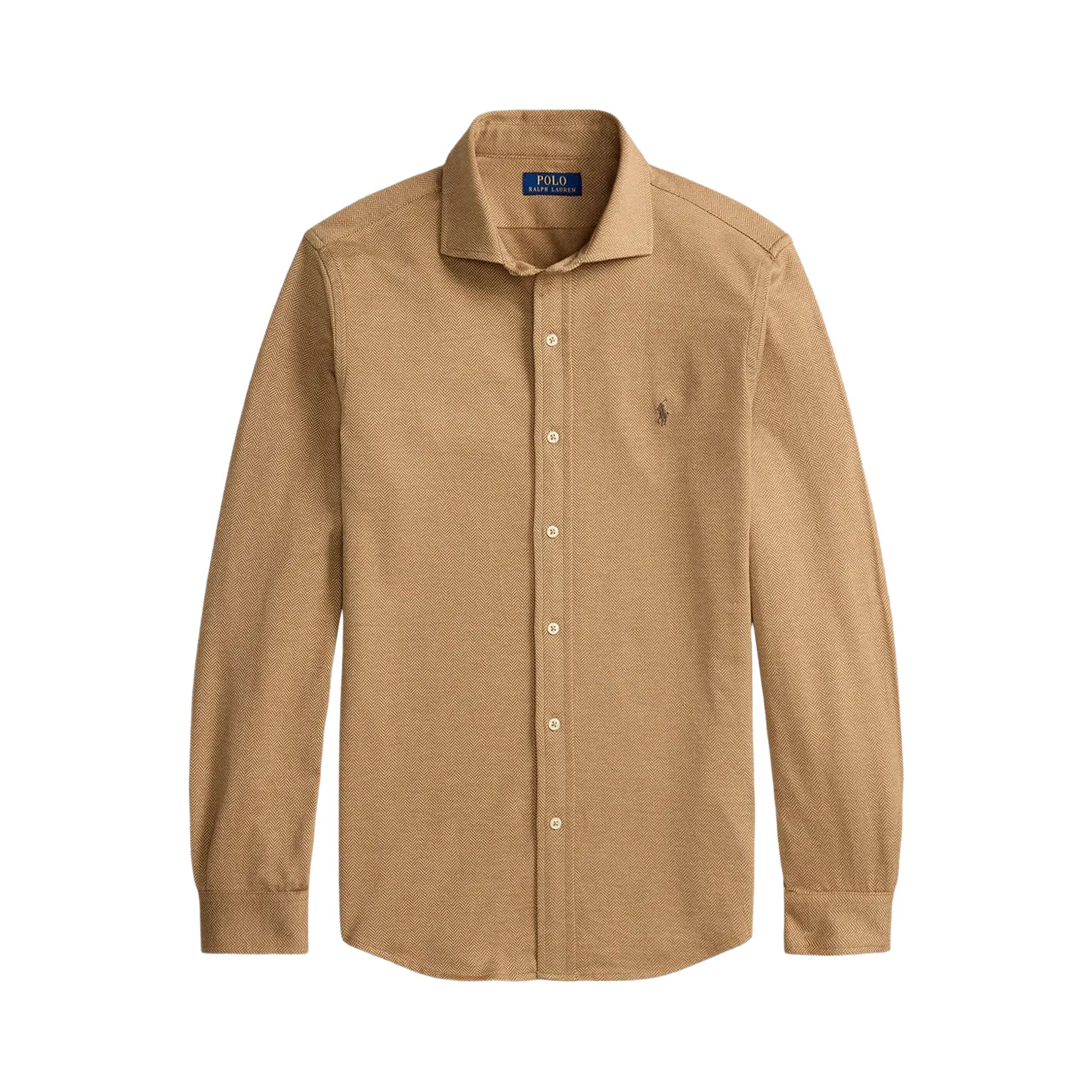 Pre-owned Polo Ralph Lauren Jersey Knit Jacquard Pattern Sport Shirt 'classic Camel/heather Herringbone' | Tan In Brown