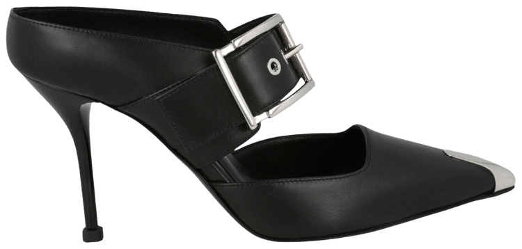 Alexander McQueen Wmns Buckle Leather Mule Black Silver