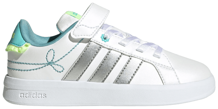 adidas Grand Court 30 Little Kid Cloud White Silver Metallic Flash Aqua