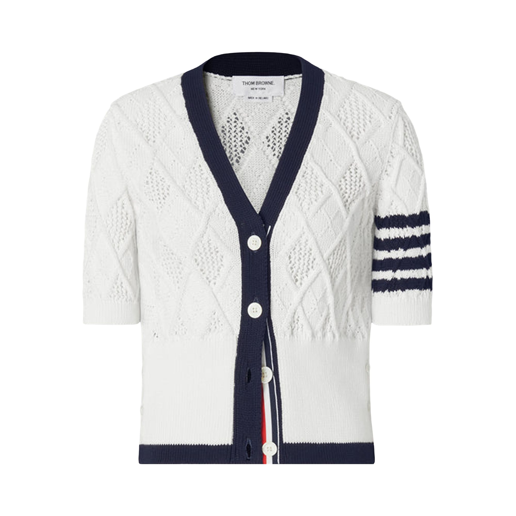 Pre-owned Thom Browne Argyle Pointelle Cable Classic Fit Short-sleeve V Neck Cardigan 'white' | Women's Size 4