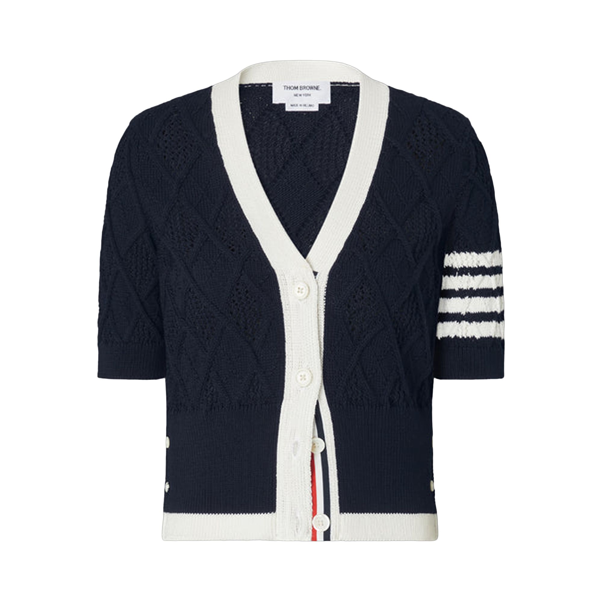 Pre-owned Thom Browne Argyle Pointelle Cable Classic Fit Short-sleeve V-neck Cardigan 'navy' | Blue | Women's