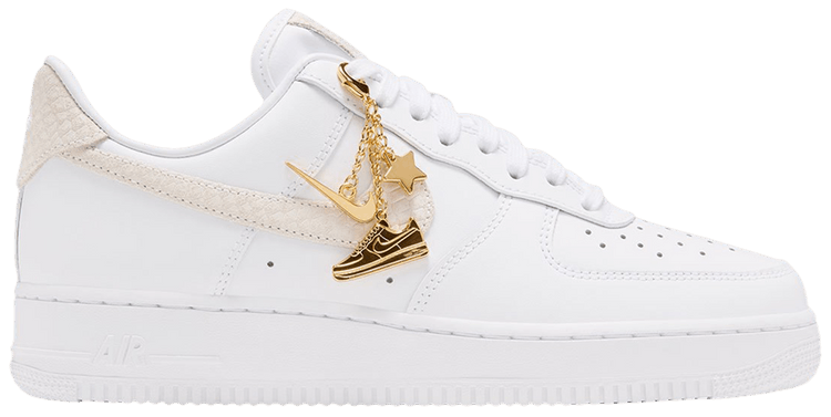 Nike Wmns Air Force 1 Low White Metallic Gold Charms White With Tan Snakeskin Swoosh And Metallic Gold Charms