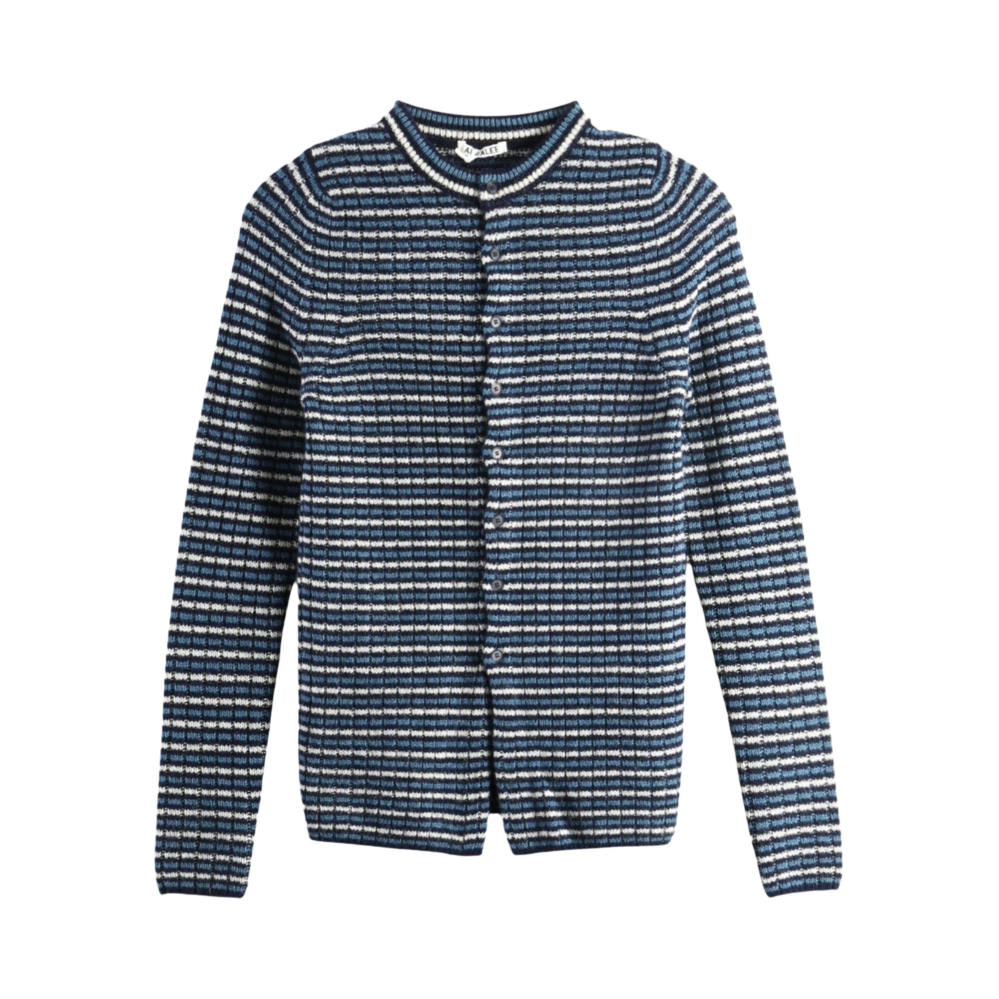 Pre-owned Auralee Shetland Wool Cashmere Rib Knit Crewneck Cardigan 'navy Stripe' | Tan | Women's Size 2