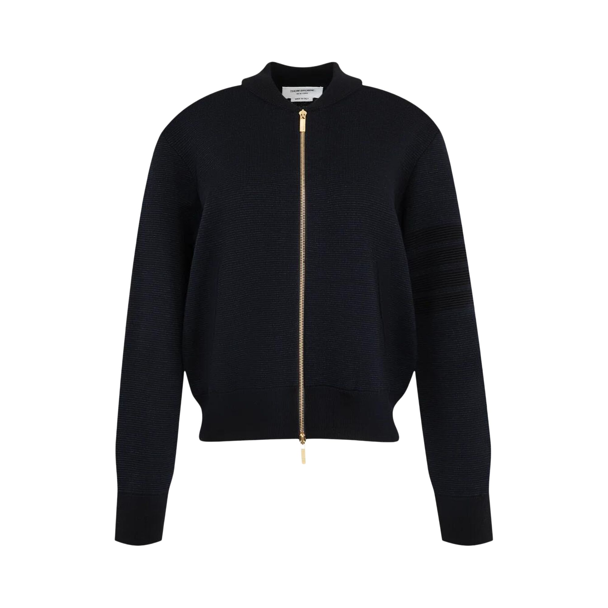 Pre-owned Thom Browne Milano Stitch Zip Up Bomber Jacket In Merino And Linen W/ Ottoman Stitch 4 Bar Stripe 'n In Blue